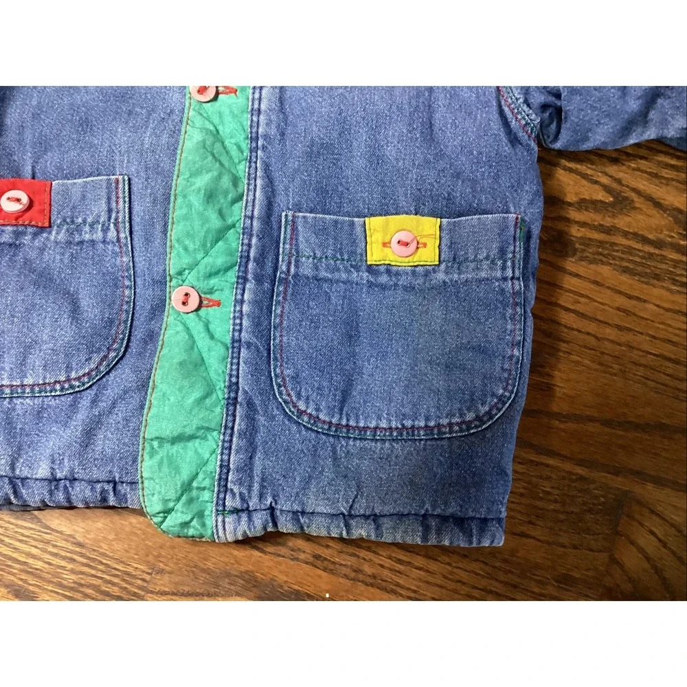 Vtg Jean Bourget Toddler Jean Jacket Insulated Color Block Train Pattern Sz 2-4